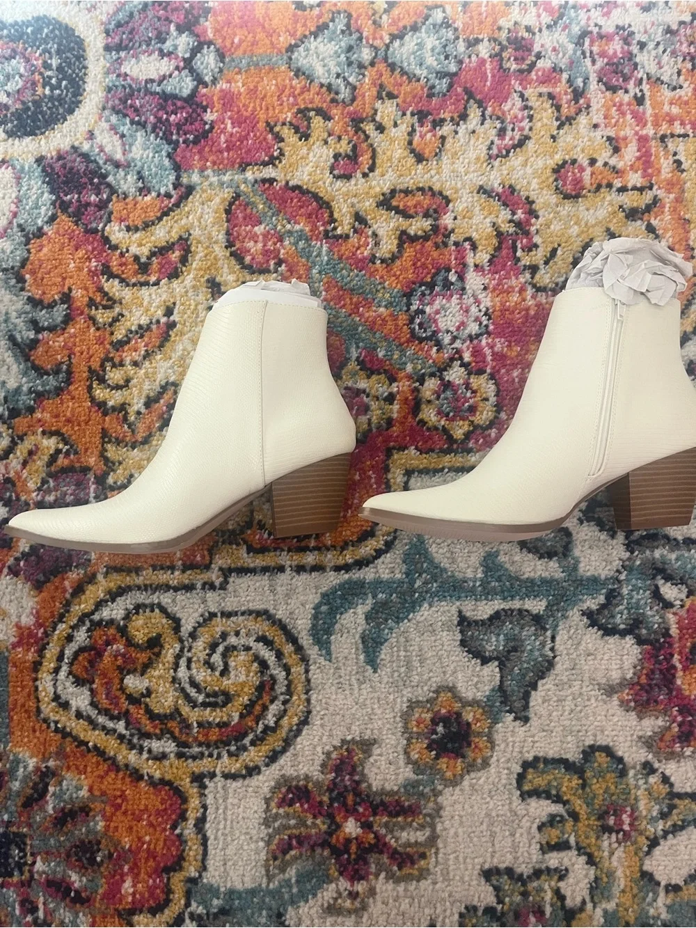 Lulu's Ivory Pointed-Toe Ankle Booties with Stacked Heel